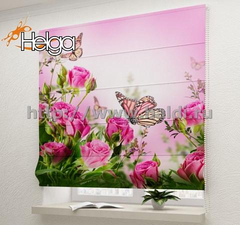 Купить Бабочки в розах арт.ТФР3347 v2 римская фотоштора (Блекаут1v 60x160 ТФР)