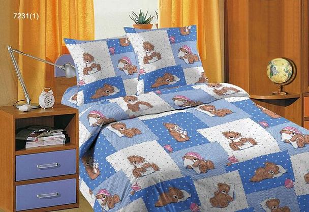 Купить Комплект постельного белья 1,5-спальный, бязь Шуйская ГОСТ, детская расцветка (Сонные мишки, голубой