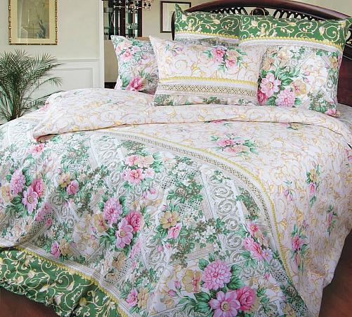 Купить Комплект постельного белья 2-спальный, сатин, с Европростыней (Римский дворик, зеленый)