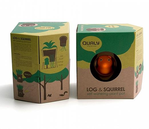 Купить Горшок самополивающийся log&squirrel коричневый/зеленый